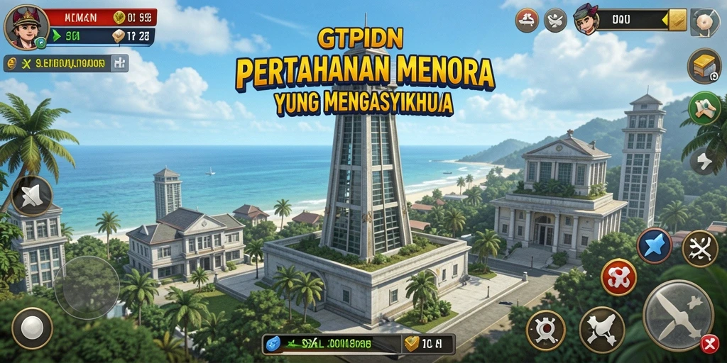 Screenshot gameplay GTPIDN menampilkan menara dan musuh yang beragam.